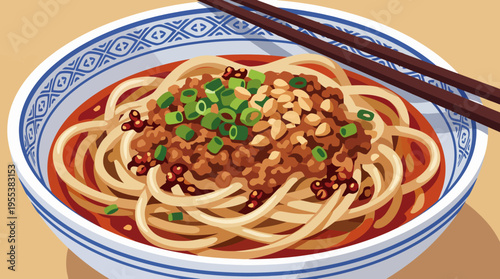 A bowl of dan dan noodles topped with minced meat, peanuts, and green onions, showcasing a blend of colors and textures in this appetizing dish.