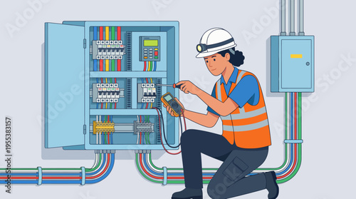 A skilled electrician inspecting a circuit board control panel, showcasing the technical aspects and professionalism associated with electrical work and safety measures.