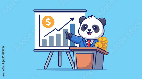 A charming cartoon panda dressed in a business suit pointing at a financial data chart, symbolizing success and creativity in the corporate world, delivering a light-hearted message.