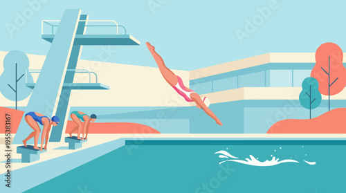 An athlete gracefully diving into a pool from a high diving board, capturing the excitement and elegance of swimming sports on a modern design background.