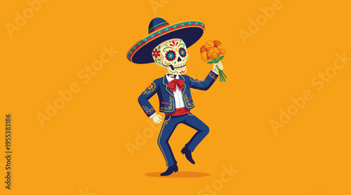Vibrant illustration of a colorful skeleton dancer wearing traditional attire and holding marigold flowers, celebrating cultural heritage and festive spirit during Día de los Muertos.