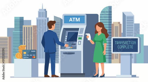 The illustration depicts two individuals engaging with an ATM in an urban financial environment, highlighting convenience and the increasing integration of technology in daily transactions.