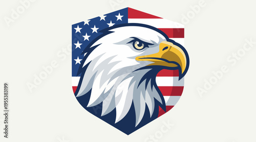 This image showcases a fierce eagle's head superimposed on a stylized shield featuring the American flag, blending patriotism with artistic flair and wildlife themes.