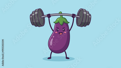 A determined eggplant character lifting weights, showcasing a fun and humorous representation of fitness, strength, and healthy living through a playful food persona.