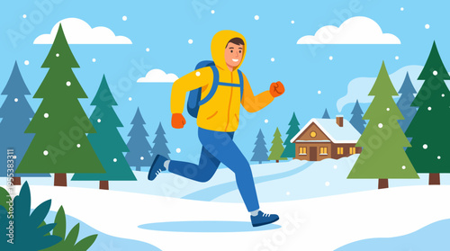 A joyful person in a bright yellow jacket runs through a snowy landscape, representing enthusiasm and the joy of outdoor activities in winter settings.