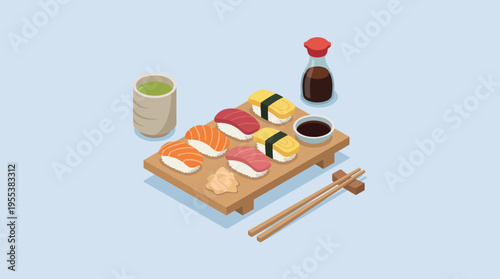 An appetizing selection of sushi arranged beautifully on a wooden platter, showcasing various types and colors that appeal to sushi lovers everywhere.