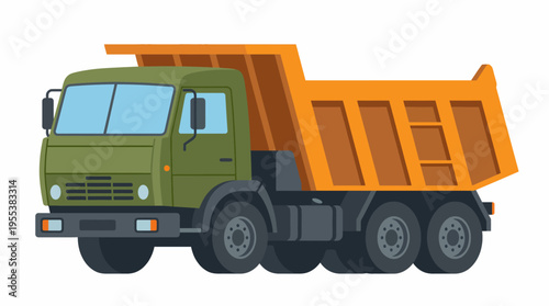 A robust green and orange dump truck stands ready to unload materials, symbolizing powerful machinery used in construction and transportation industries.