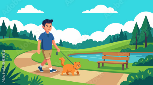 A young boy walks his fluffy orange cat along a picturesque park path, surrounded by lush greenery and a serene pond, showcasing a bond between pets and their owners.