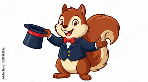 A cute, cartoonish squirrel dressed in a tuxedo with a bow tie holds a magician's top hat, radiating joy and playfulness in a festive setting. Perfect for children’s themes.