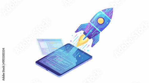 A vibrant illustration of a futuristic rocket emerging from a tablet, symbolizing innovation and technology, showcasing the intersection of digital and real-world exploration.