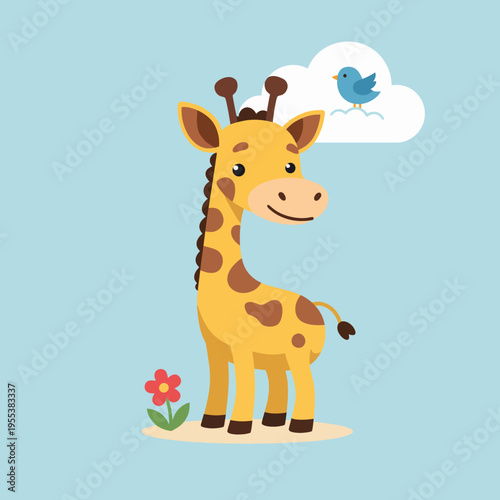 This charming giraffe illustration features a bright blue sky, a happy flower, and a friendly bird, evoking joy and playfulness in a whimsical, child-friendly style.