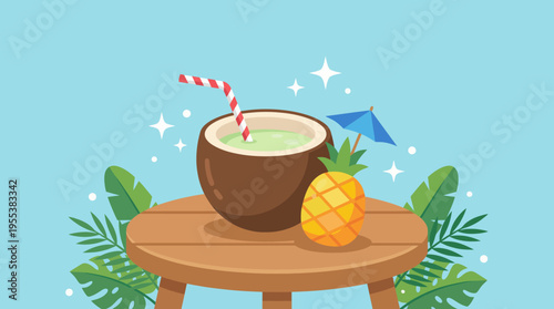 This refreshing coconut drink showcases tropical vibes with a fun umbrella and pineapple, perfect for warm days and evoking relaxation, vacation, and delightful summer moments.