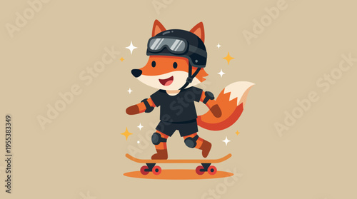 A cheerful fox in a black outfit wearing a helmet skates confidently on a skateboard. The background sparkles with magic, adding a sense of joy and movement to the image.