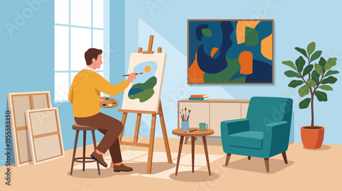 A focused artist wearing a yellow sweater paints on an easel in a bright and comfortable studio. The serene environment fosters creativity and artistic expression beautifully.