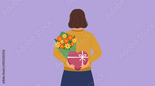 A girl hides a bouquet of colorful flowers and a heart-shaped gift behind her back, displaying a sense of surprise and affection in a charming and simplistic manner.