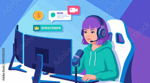 A girl with purple hair wearing a hoodie is streaming while wearing a headset, engaged with her audience, showcasing the vibrant and modern world of gaming and connection.