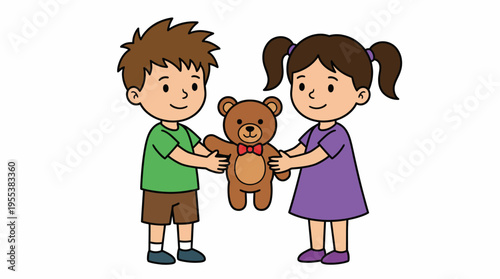 Two children joyfully hold a cute teddy bear together, representing the innocence of childhood and the bonds of friendship through playful interaction in a whimsical style.