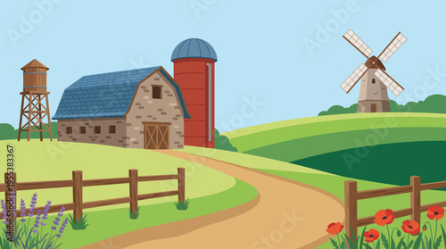 A picturesque farm scene featuring a barn, silo, and windmill set against a lush green landscape, embodying rural charm and the beauty of nature in a serene composition.
