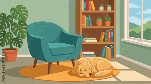 A peaceful golden retriever sleeps on a cozy rug in a stylish room, surrounded by books and greenery, representing comfort, tranquility, and homey vibes.