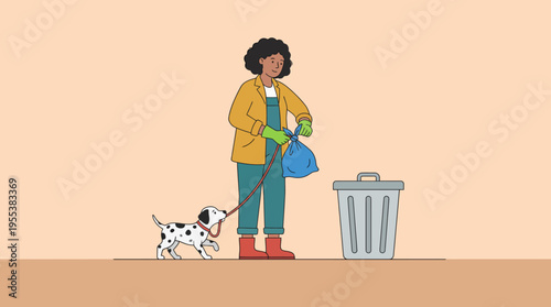 A woman in a yellow coat and her playful Dalmatian dog collaborate to clean up litter, illustrating themes of responsibility, community involvement, and pet companionship.