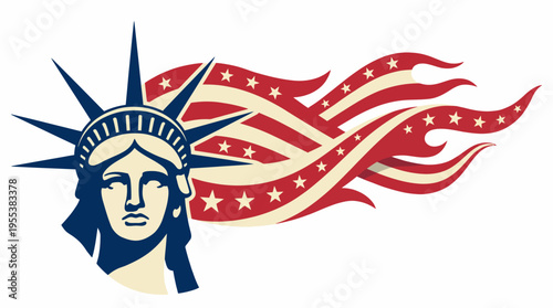 The Statue of Liberty is creatively depicted with stylized waves and stars, symbolizing freedom, expression, and the cultural diversity associated with America.