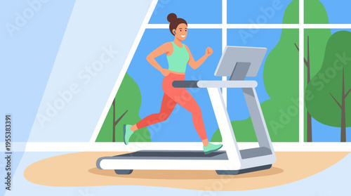 A determined woman jogs on a treadmill in a bright and airy gym environment, symbolizing fitness and health, ideal for inspiring a healthy lifestyle and promoting gym-related content.