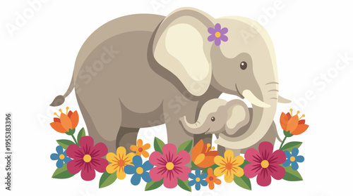 This heartwarming illustration features a mother and baby elephant surrounded by beautiful flowers, symbolizing love, nurturing, and the beauty of nature in a playful artistic style.