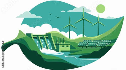 This vibrant illustration showcases a harmonious blend of renewable energy sources, including wind turbines, hydro power, and solar panels, set against a picturesque natural backdrop.
