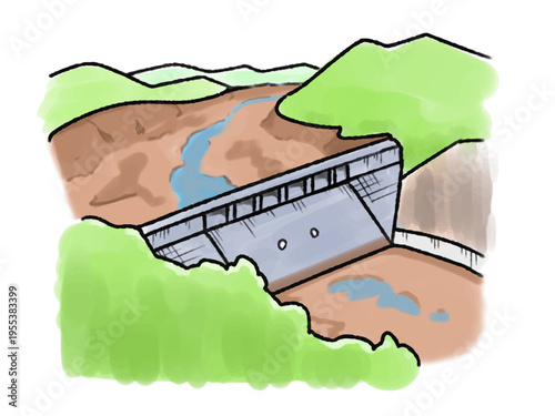 Hand-drawn illustration of a drought-stricken dam with low water level, climate change concept / 干上がったダムのイラスト （渇水/干ばつ）