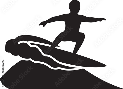 Surfer on sea wave silhouette vector icon for summer sports and ocean adventure