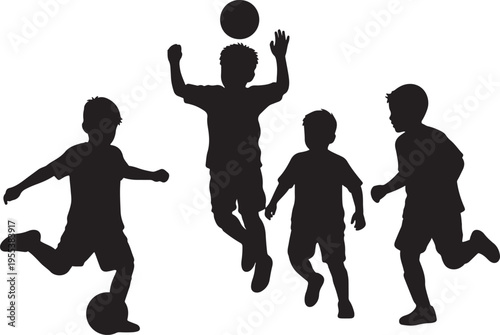 Group of Kids Playing Ball Silhouette  Children's Team Sport Activity Vector