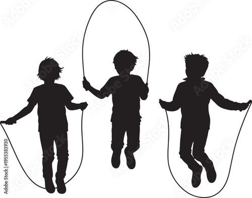 Energetic Kids Skipping Rope Silhouette Active Children Playing Outdoors Vector