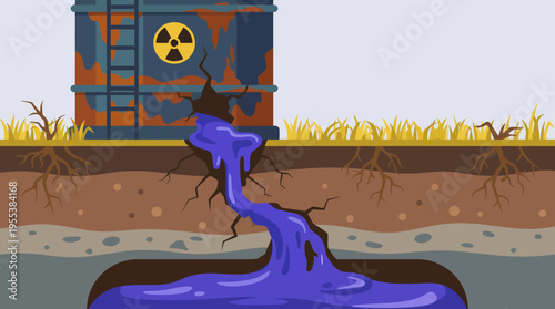 This thought-provoking illustration depicts hazardous waste leaking into the ground, highlighting the urgent environmental issues of pollution and the impact of industrial waste on nature.