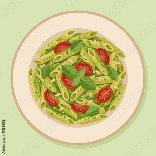 This appetizing illustration showcases a vibrant plate of pasta adorned with fresh ingredients, such as ripe tomatoes and basil, highlighting a delectable and healthy culinary delight.