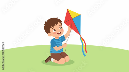This cheerful illustration shows a young boy happily flying a brightly colored kite in an open green field, symbolizing joy, freedom, and the simple pleasures of childhood play.