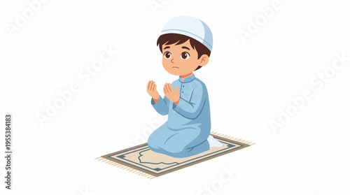 A young boy in traditional attire kneels in prayer on a patterned prayer mat, embodying spirituality, innocence, and devotion in a peaceful setting of reverence and faith.