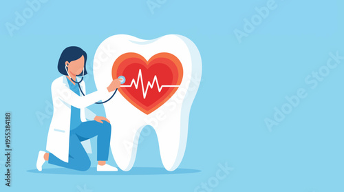 A dentist checks a large tooth with a stethoscope, symbolizing the connection between oral hygiene and overall health in a bright and engaging illustration emphasizing wellness.