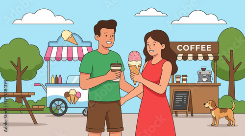 A happy couple shares ice cream in a scenic park, embodying love and companionship, with a friendly dog nearby enhancing the joyful atmosphere of their delightful day.