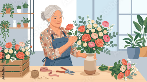 An elderly woman is joyfully arranging a bouquet of colorful roses, showcasing the beauty of nature and the artistic touch of floral craftsmanship in a bright, inviting setting.