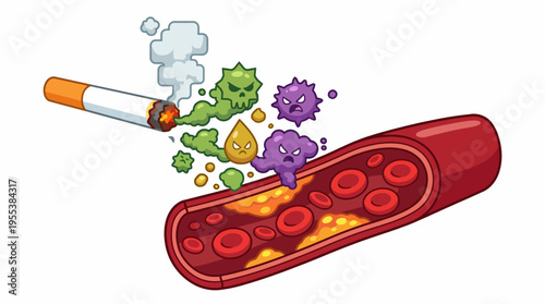 An impactful illustration depicting the harmful effects of smoking in the bloodstream, showing bacteria and toxins entering the body, emphasizing health awareness.