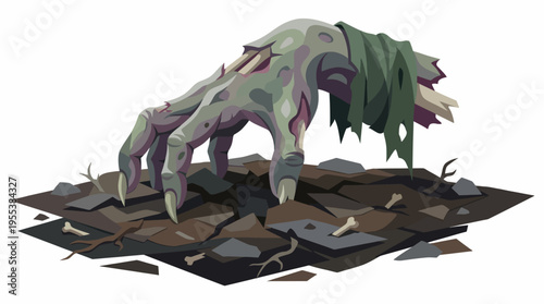 A creepy zombie hand breaks through the ground, surrounded by rocks and bones, illustrating themes of horror, fear, and the supernatural in an artistic manner.