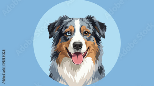 A beautifully illustrated Australian Shepherd dog showcases its distinctive coat patterns and expressive eyes, representing loyalty and companionship in a playful design.