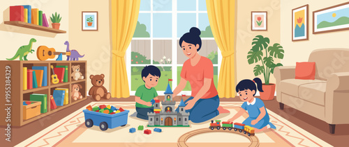 An inviting home scene depicts a mother playing with her two children using colorful blocks and toys, highlighting family bonding and the joy of childhood exploration.