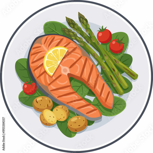 A beautifully plated meal featuring a savory salmon fillet with asparagus, tomatoes, and potatoes, showcasing healthy eating and culinary artistry at its best.