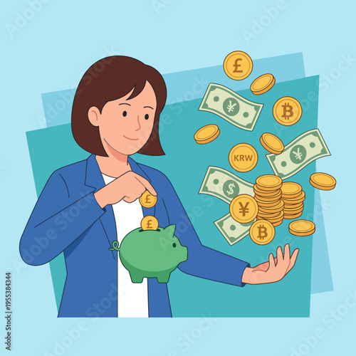An illustration depicts a woman enthusiastically saving money in a piggy bank while surrounding currencies symbolize financial aspirations and the importance of saving.