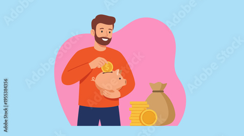 A cheerful man joyfully inserts coins into a piggy bank, surrounded by stacks of coins and bags of money, reflecting the importance of saving and financial planning.