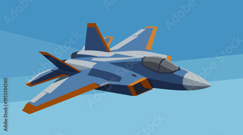 A modern, stylized fighter jet in blue and orange soars against a clear sky, symbolizing speed, technology, and the excitement of aviation adventures.