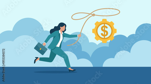 This dynamic image depicts a businesswoman running with a lasso, symbolizing her pursuit of financial success and determination in a modern business landscape.