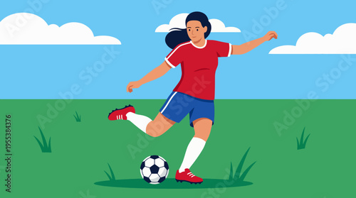 A female soccer player is captured in motion while kicking a soccer ball, showcasing her athleticism and passion for the sport in an engaging outdoor setting.