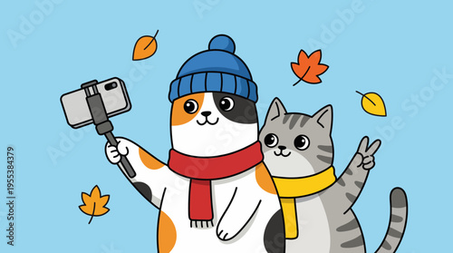 Two adorable cats bundled in scarves pose for a selfie in a backdrop of colorful autumn leaves, capturing the essence of friendship and seasonal cheer.